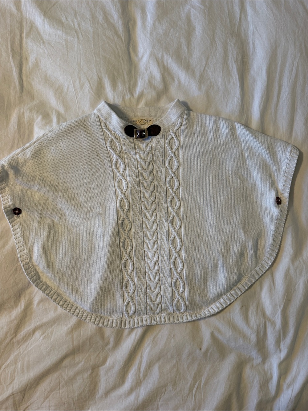 White Cable-Knit Poncho Sweater with Button Detail